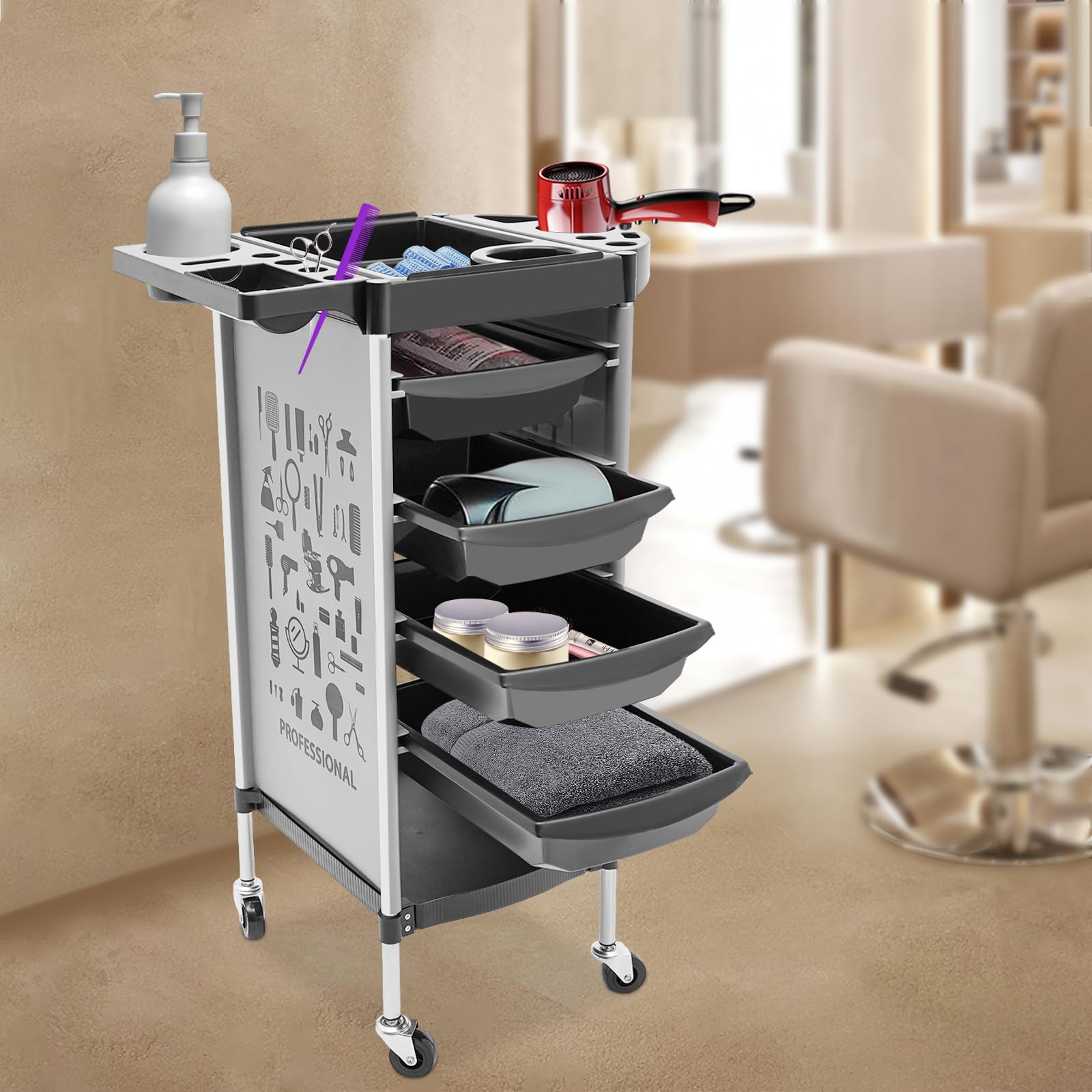 Chariot de coiffure 4 tiroirs roulettes 30 kg 37x34x88 cm blanc