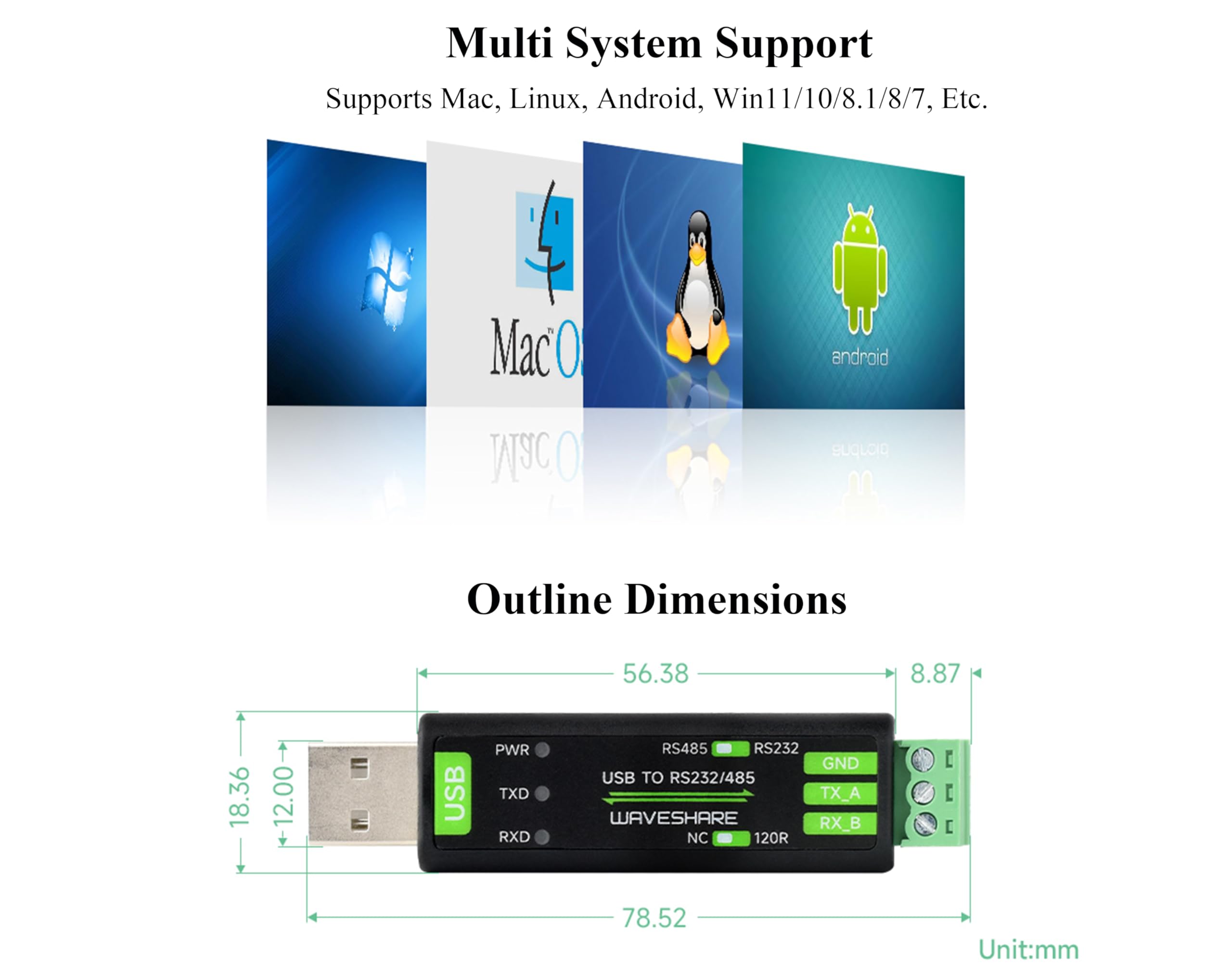 USB to RS232/RS485 Serial Converter Adapter, Onboard Original FT232RNL Chip Stable, Compatible withRaspberry Pi/Jetson Nano/Windows XP/7/8/10/11, etc