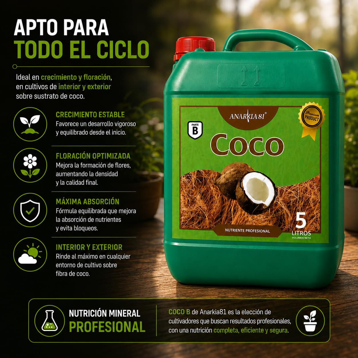 COCO B 10 L – Fertilizante Base Coco Parte B Nutrición Mineral A+B para Floración Plantas Cultivo en Fibra de Coco Interior y Exterior - Anarkia81