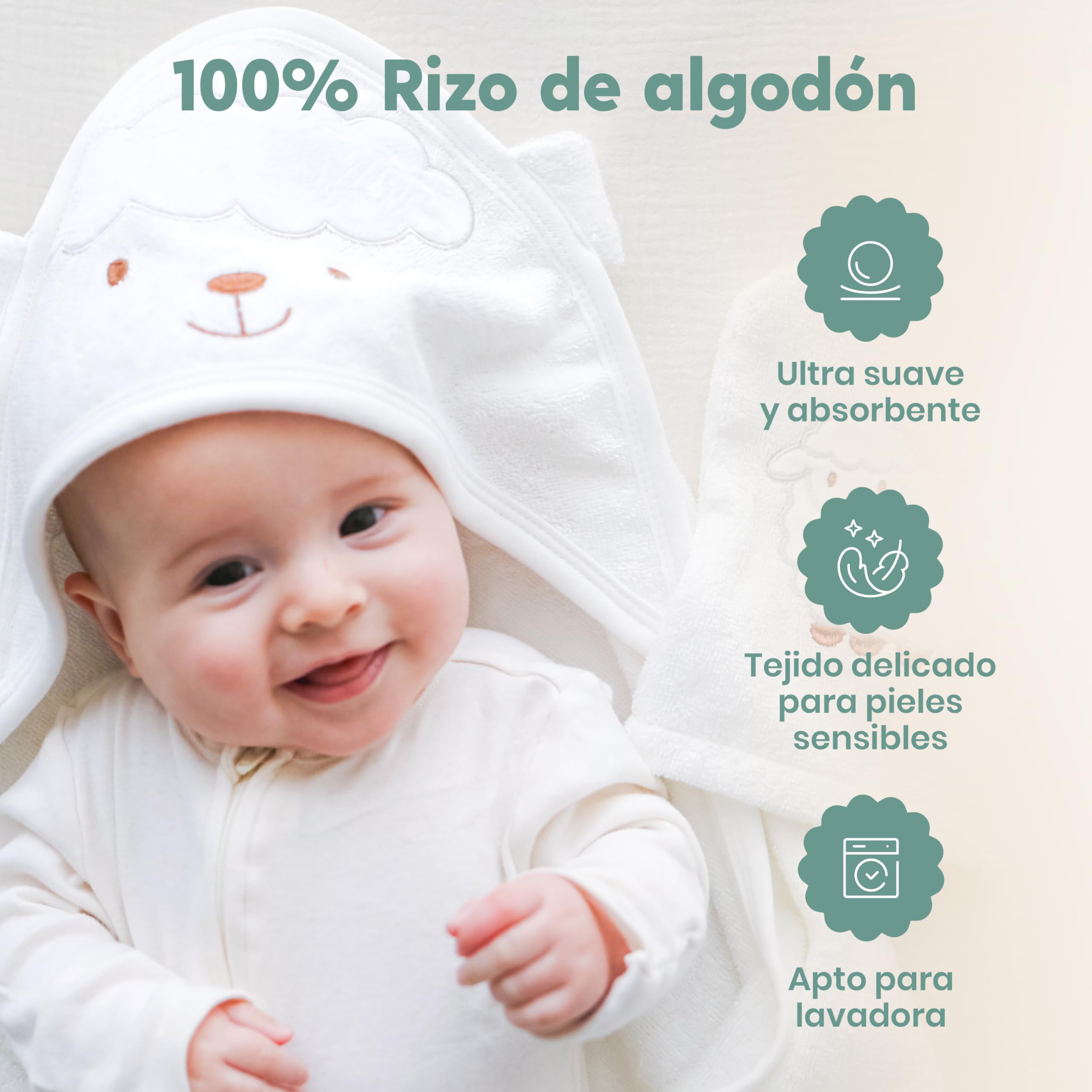 CuddleBug Set de Capa de Baño con Capucha y Manopla para Bebé - 100% Algodón Rizo Premium - Toalla Infantil Ultra Suave y Absorbente para Recién Nacidos y Niños (85 x 85 cm) - Lamb — view 3