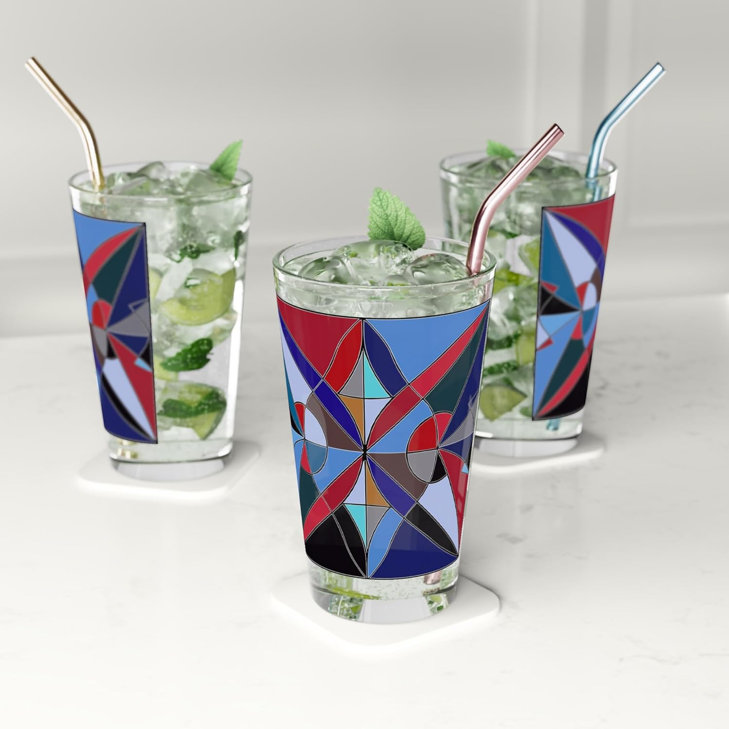 Colorful Geometric Pint Glass Artistic Bauhaus Drinkware Unique Gift Party Home Decor Modern Barware Mitzisniftis Art
