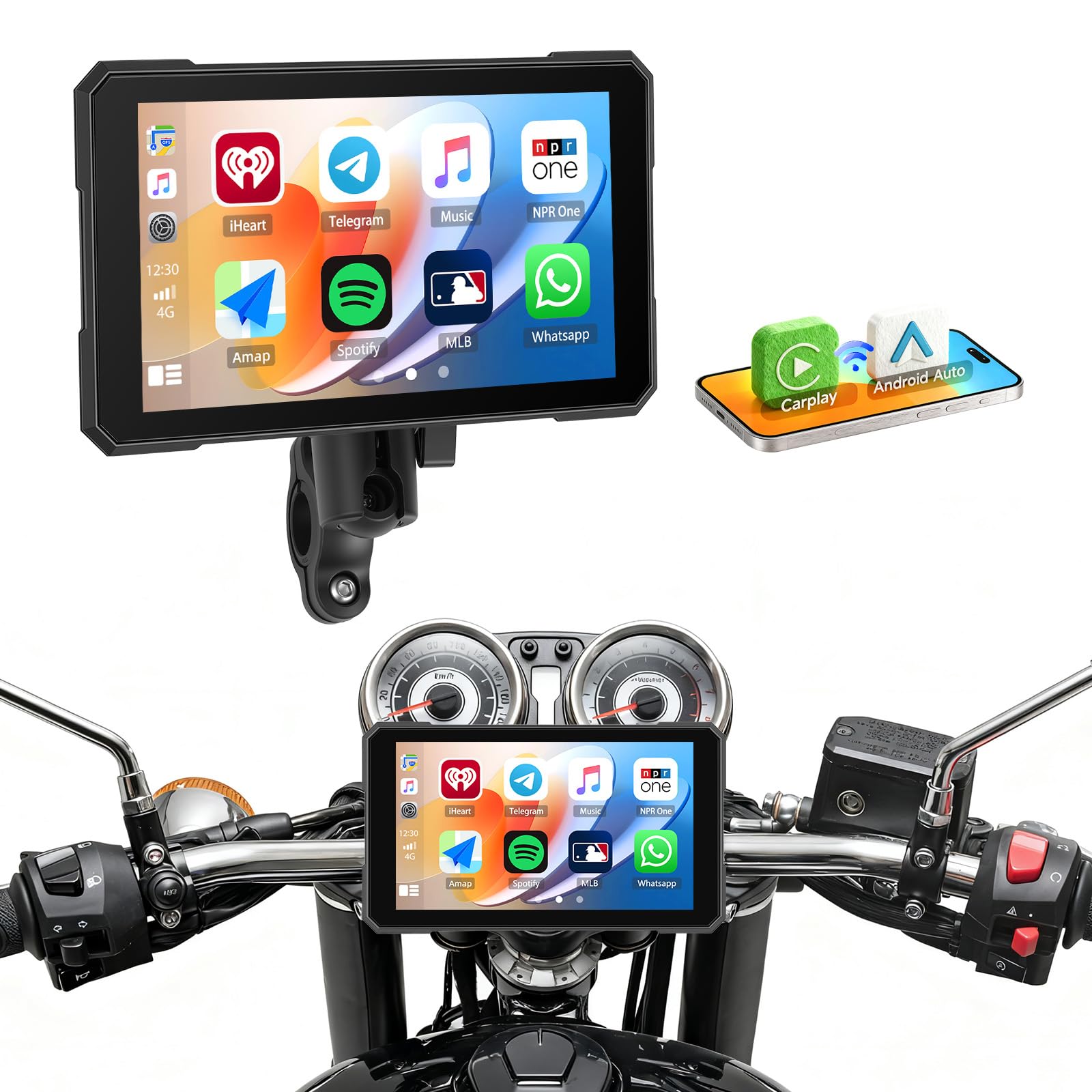 SIXWIN Pantalla Moto 5 Pulgadas con CarPlay/Android Auto Inalámbrico, Navegador GPS, IP68 Antiaqua, Soporte Universal Ajustable, Compatible con Monitoreo de Presión, Pantalla HD para Motocicleta