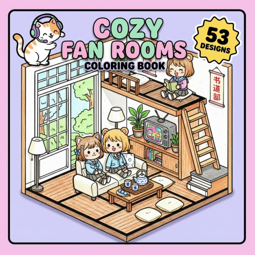 Cozy Fan Rooms Coloring Book: Bold and Easy Designs for Adults and Teens with Cute Japanese Interiors, Cozy Hygge Spaces, and Relaxing Gaming Rooms for Stress Relief