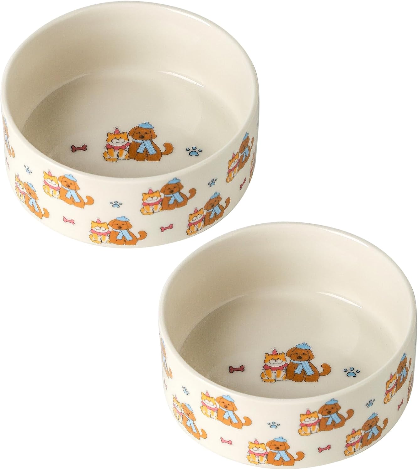 Ceramic Dog Bowls Set of 2, Pet Cat Dog Food Bowls Water Bowl with Cute Pattern, 5.1 inch Dog Dishes for Small Size Dog and Cat, White
