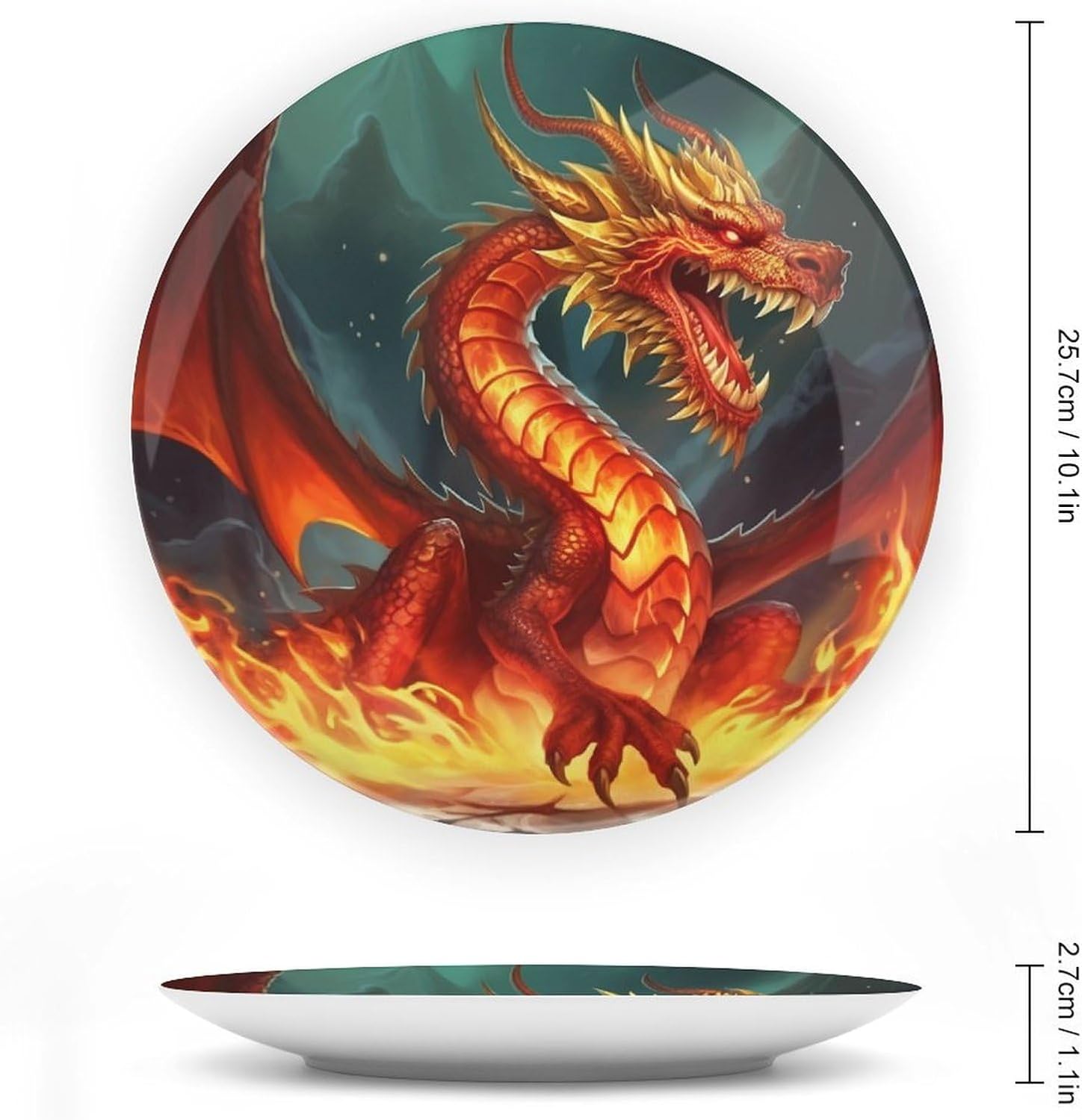 Dragon King in Fire Ceramic Plate 10inch Decorative Bone China Wall Hanging Ornament Plates Bohemian Style Dinner Plate with Display Stand Cabinet Display Plates for Home Art Decor
