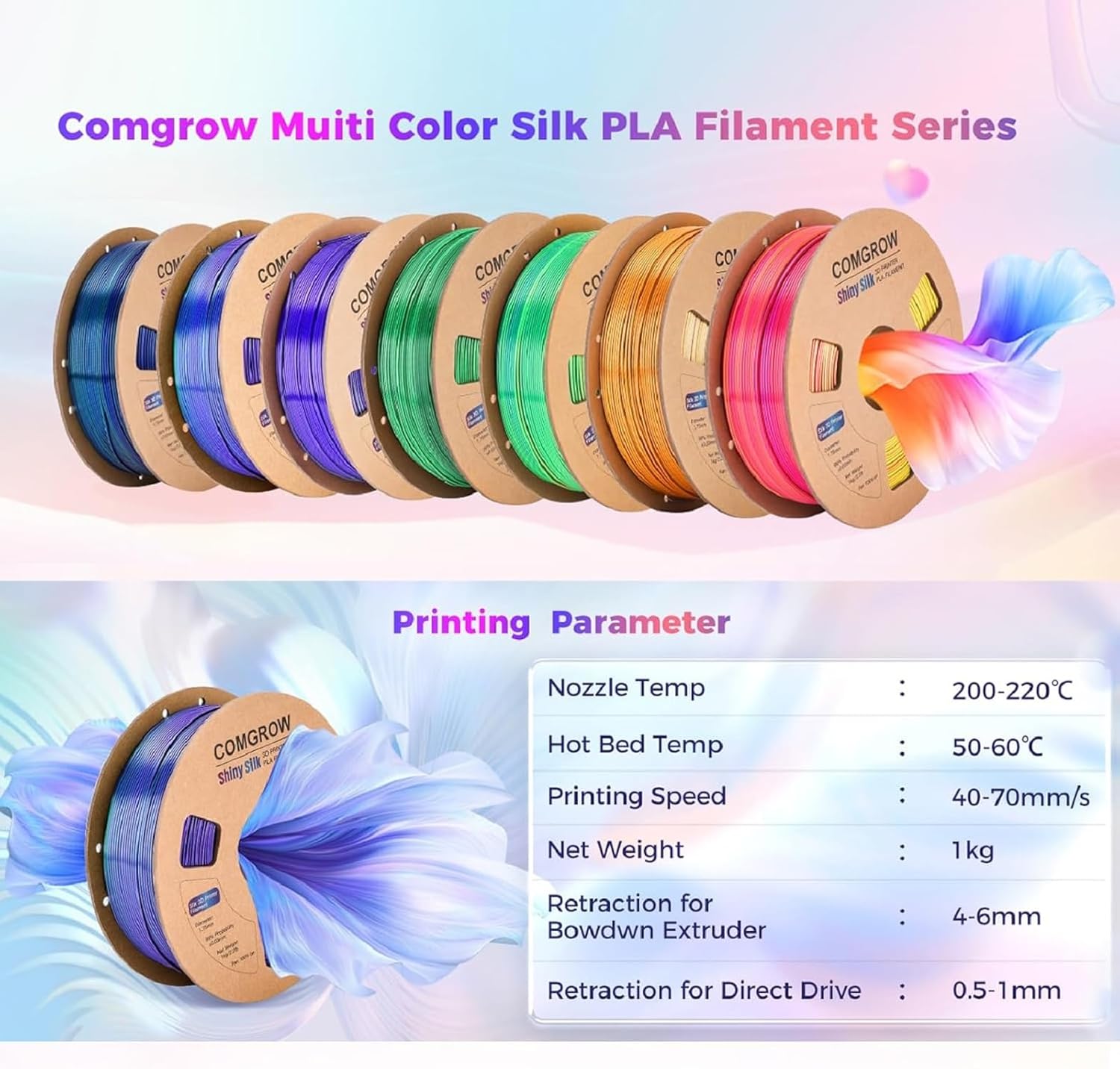 Comgrow Silk Shiny Blue Rose Red Orange and Golden 3D Printer Filament, Comgrow 3D Printing Materials Silk PLA 1.75mm, 3D Printing Filament +/-0.02mm, 250g X 4 Spool