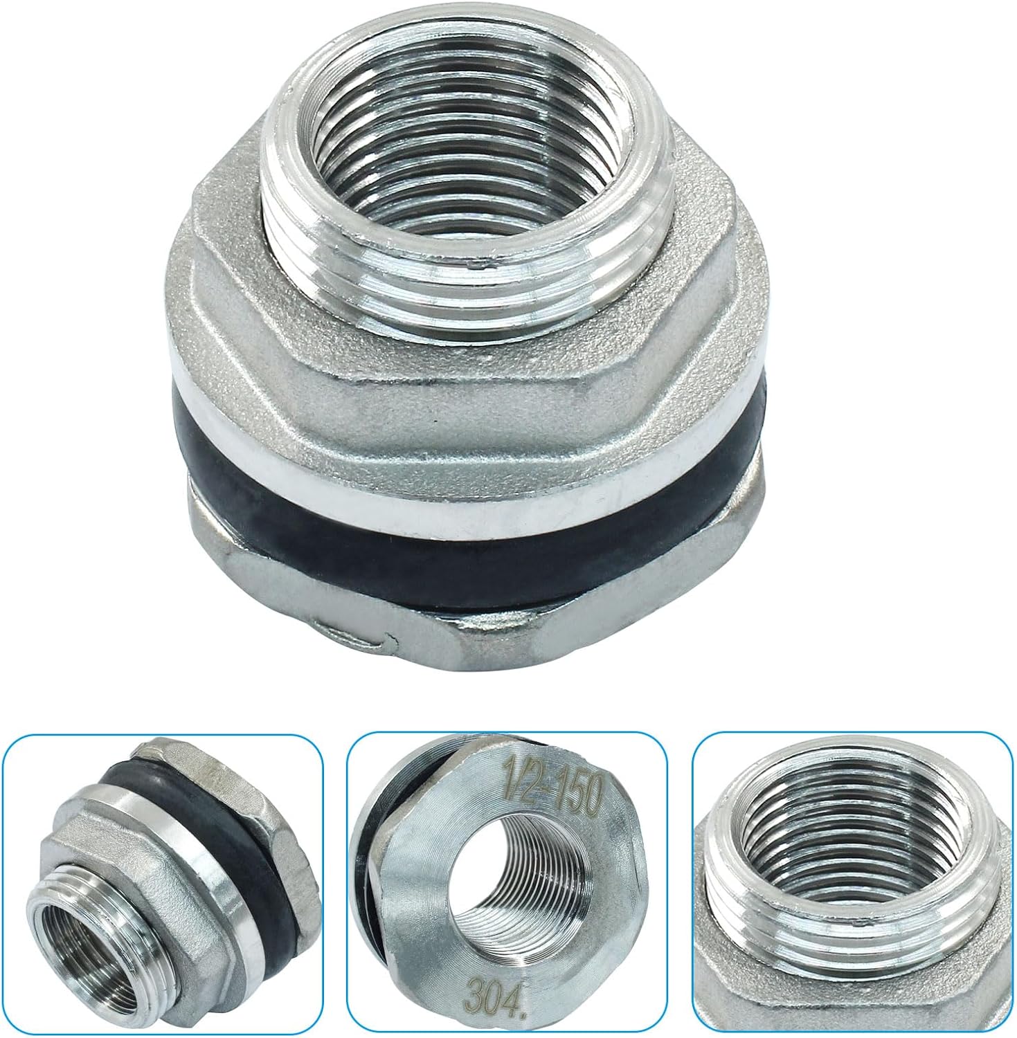 2 Pack Bulkhead Water Tank Fitting, 1/2" Stainless Steel Thru-bulk Fitting with Rubber Rings for Water Tank Aquarium Rain Barrels (Female 1/2" and Male 3/4")