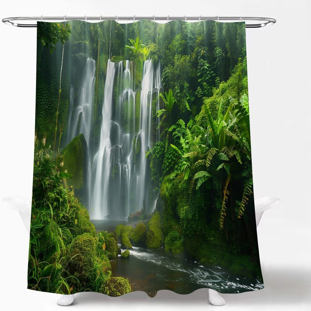 Tropical Rainforest Shower Curtain Waterfall Scenic Green Forest Plant Botanical Jungle Nature Scenic Bathroom Decor Fabric Curtain with Hooks