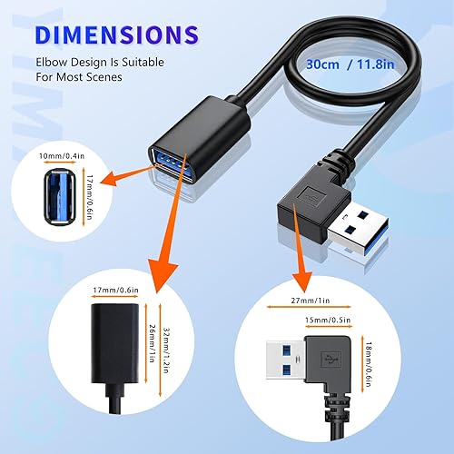 Miniatura 2 de YIMATEECO Cable de extensión USB3.0 en ángulo izquierdo, cable de datos USB macho a hembra, adaptador de ángulo izquierdo USB con contactos chapados