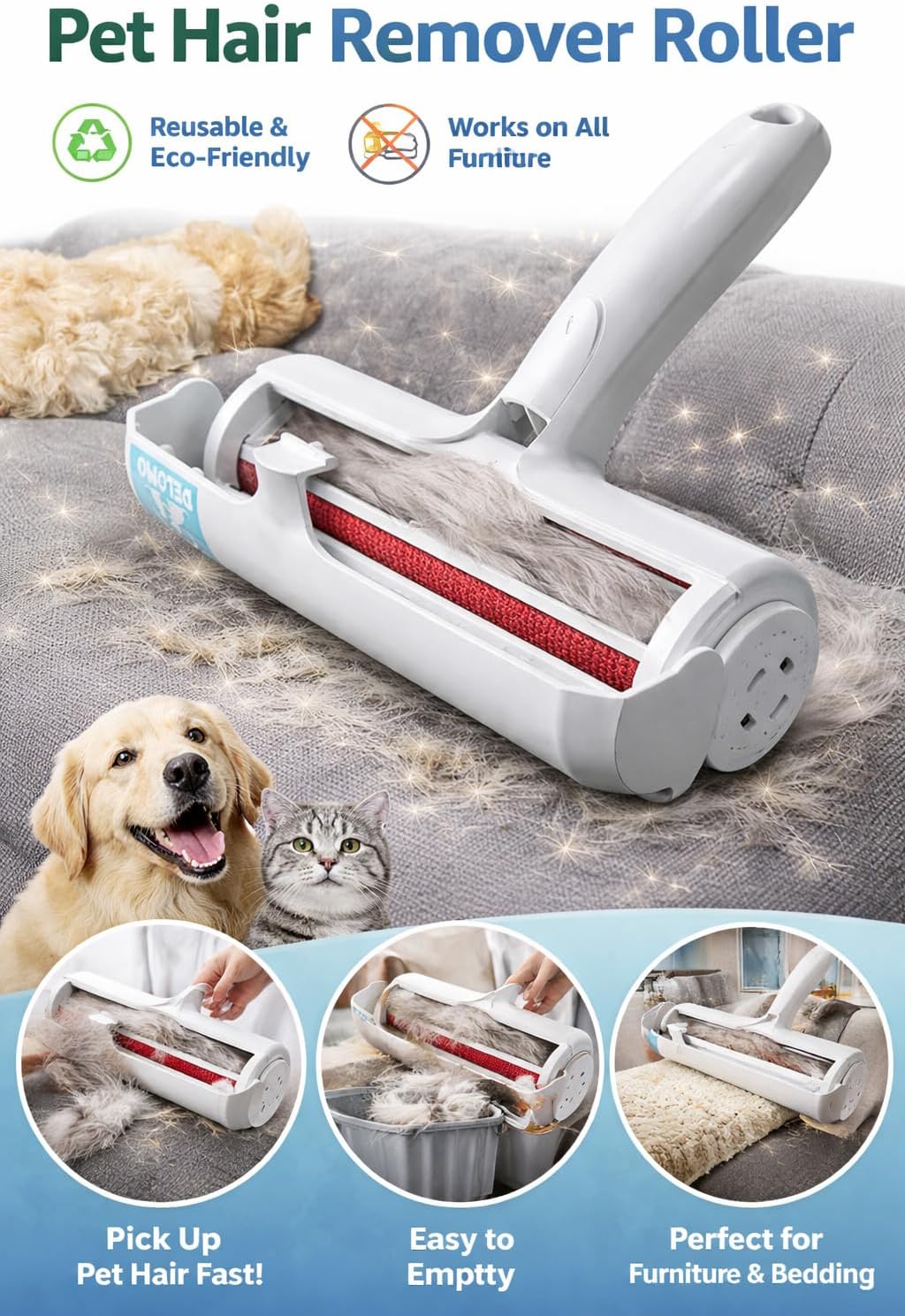 Pet Hair Remover Roller Reusable – Self Cleaning Lint Roller for Dog and Cat Hair, Fur Remover Brush for Couch, Furniture, Carpets, Clothing and Car Seats