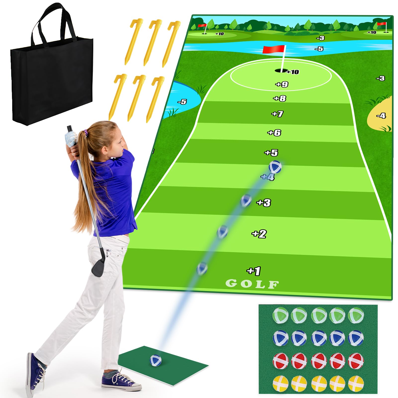 Dollox Golf Chipping Game Golf Training Mat with Golf Hitting Mat Indoor Golf Games Sports Outdoor Golf Practice Mats for Adults Kids Family Play Toys Outdoor Play Equipment with 20 Stick Golf Balls