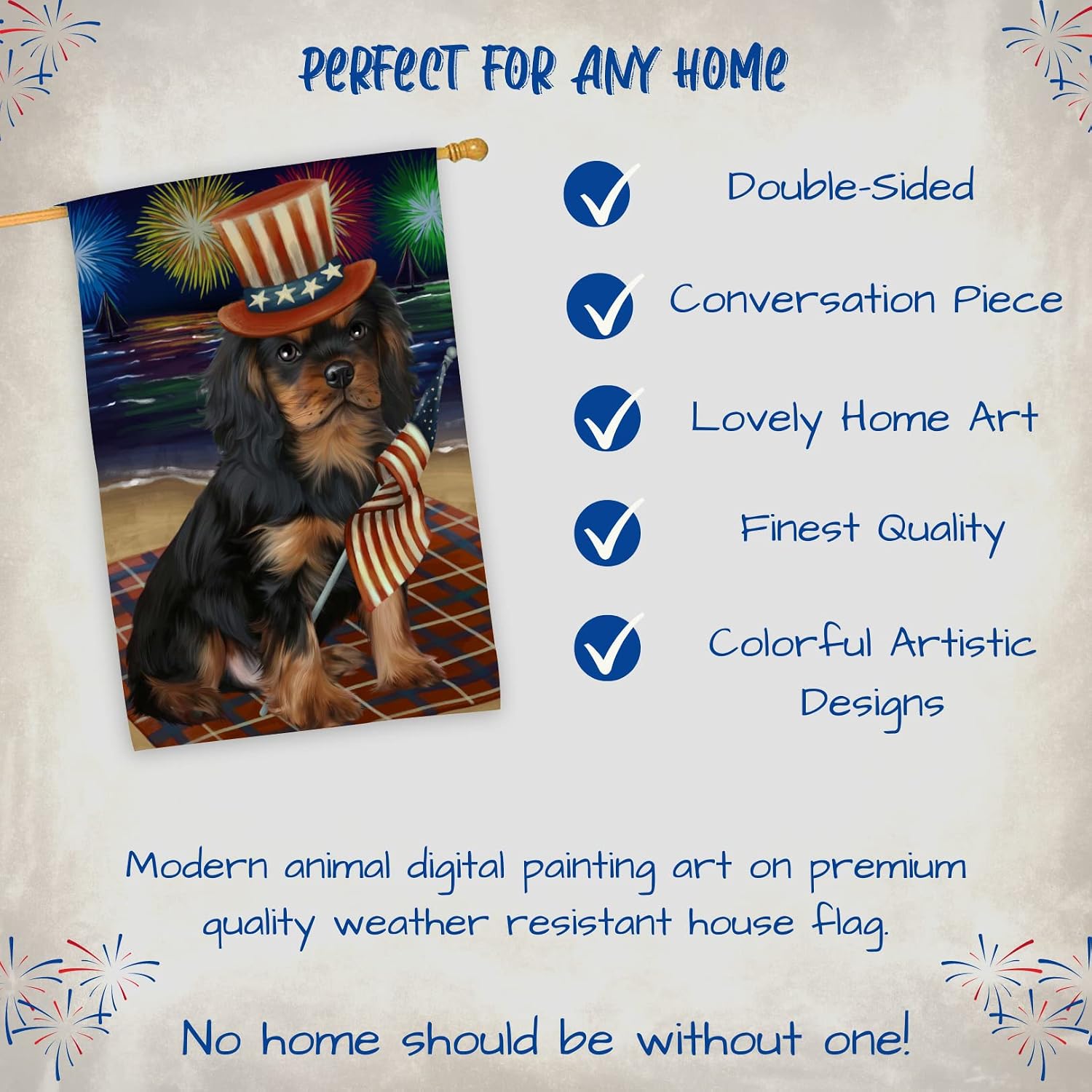 4th of July Fireworks Cavalier King Charles Spaniel Dog House Flag - Outdoor Double Sided Pet Portrait Weather Resistant Premium Quality Home Decorative Flags - 100% Polyester 29"w x 43"h, HFLG48497