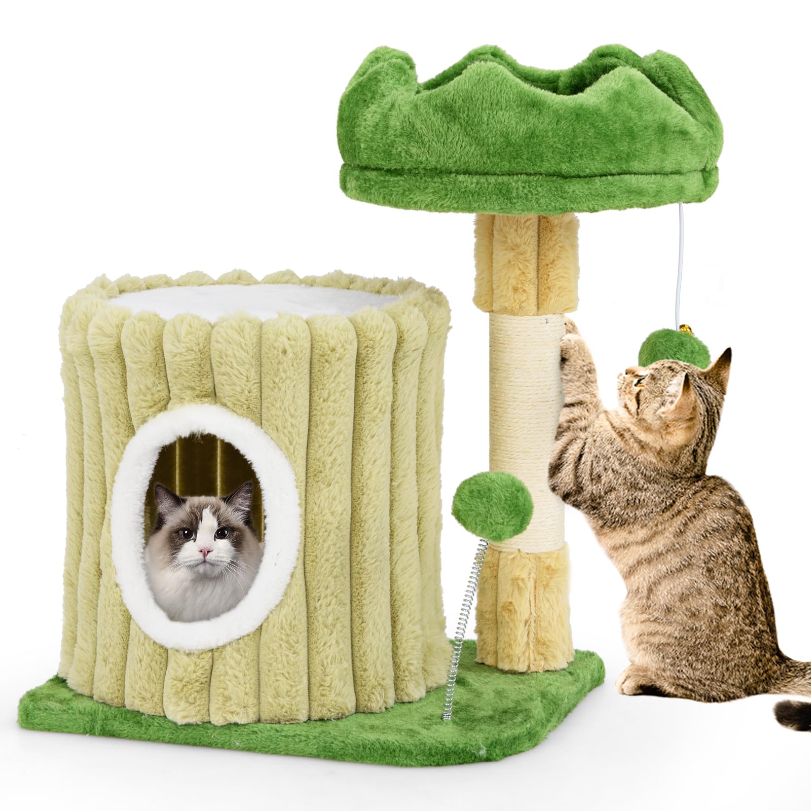 Tangkula Small Cat Tree, Green Cat Tower with Private Cat Condo, Plush Top Perch, Hanging Pompom & Spring Toy, Sisal Scratching Post, Cute Cat