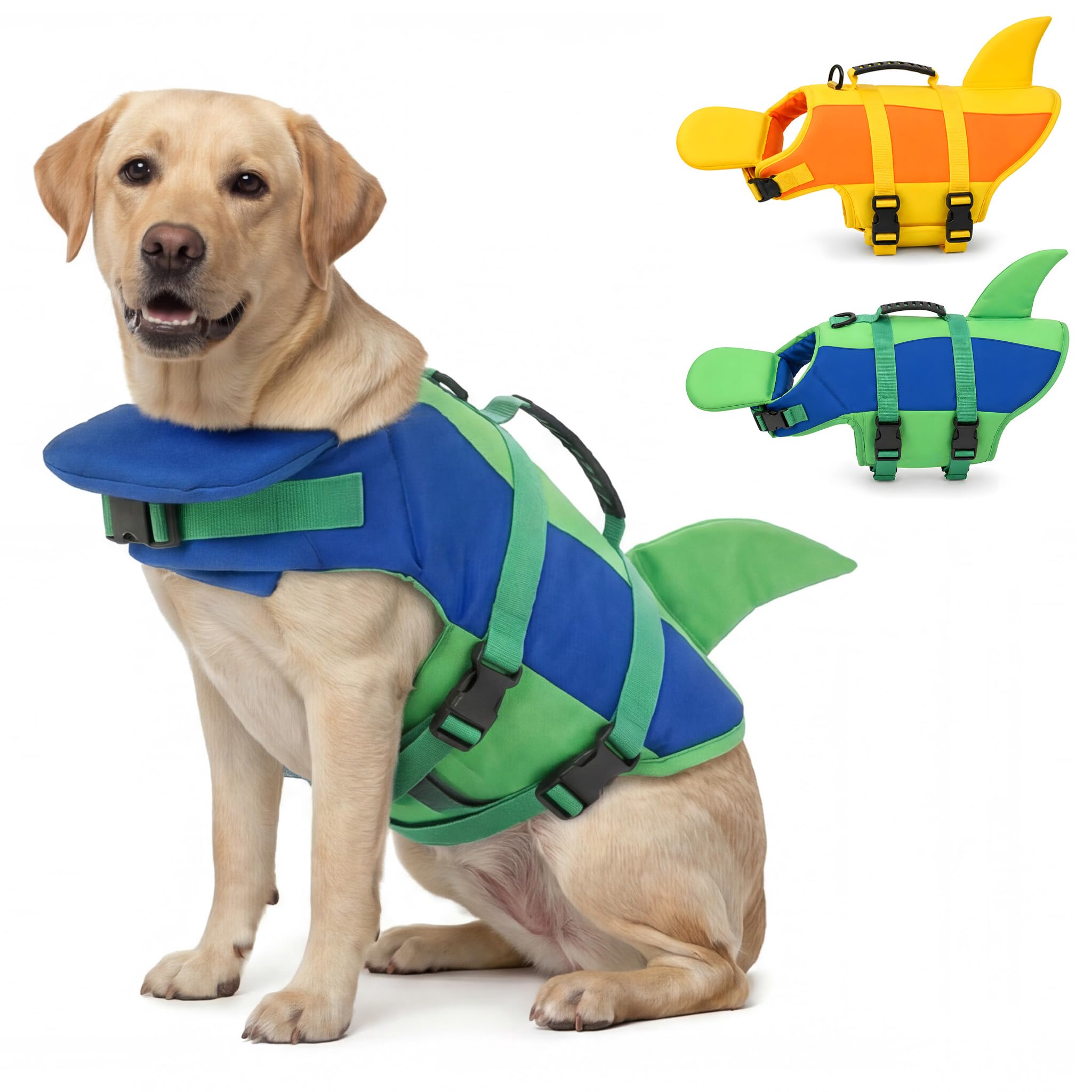 SMALLLEE_LUCKY_STORE Cute Shark Dog Life Jacket for Small Medium Large Dogs, Safety Life Vest with Front Chin Float and Rescue Handle High Buoyancy Puppy Floating Swim Vest,Blue,XXL