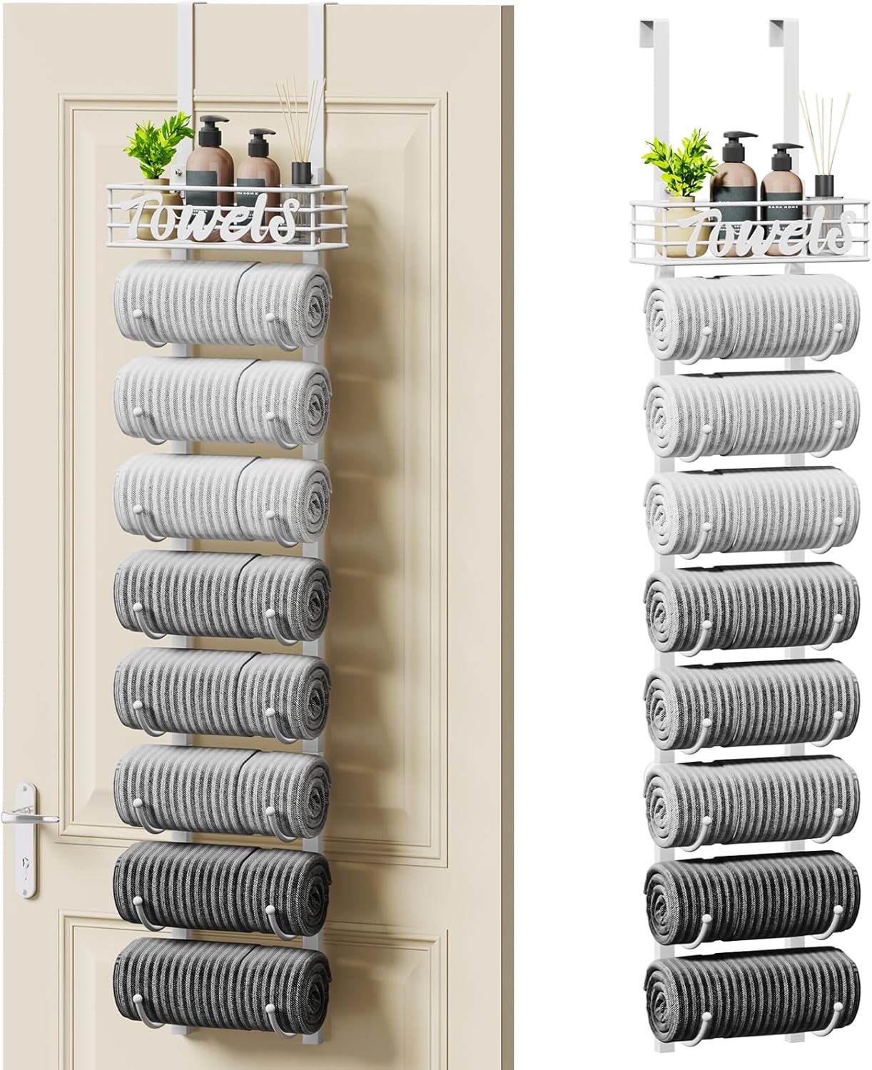 SWTYMIKI Hanging Towel Racks for Bathroom - 9 Tier Over The Door & Wall Mounted Bath Rolled Towel Storage Organizer Holder for Small Bathroom, RV, Camper, White (Patented) White 9-Tier