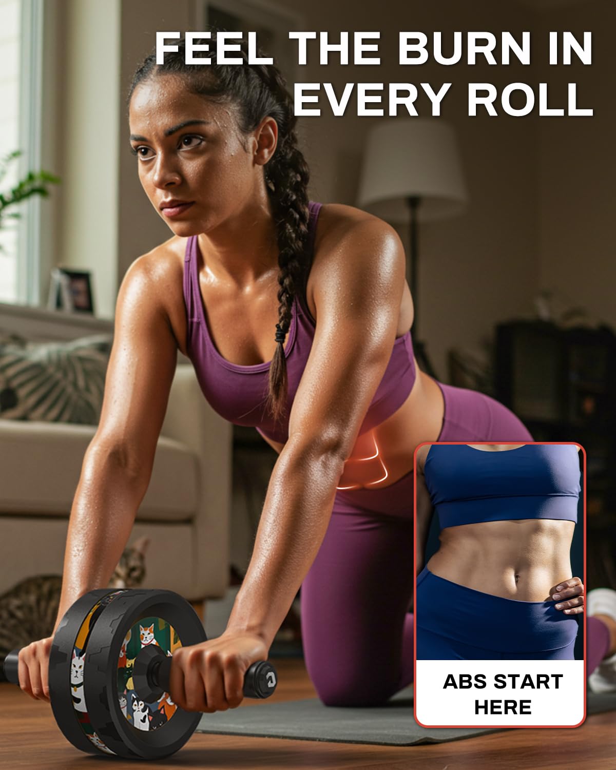 VINSGUIR Ab Roller Wheel, Abs & Core Workout Equipment for Home Gym with Knee Pad Accessories, Abdominal Wheel for Full-body Strength Training: Cat Print