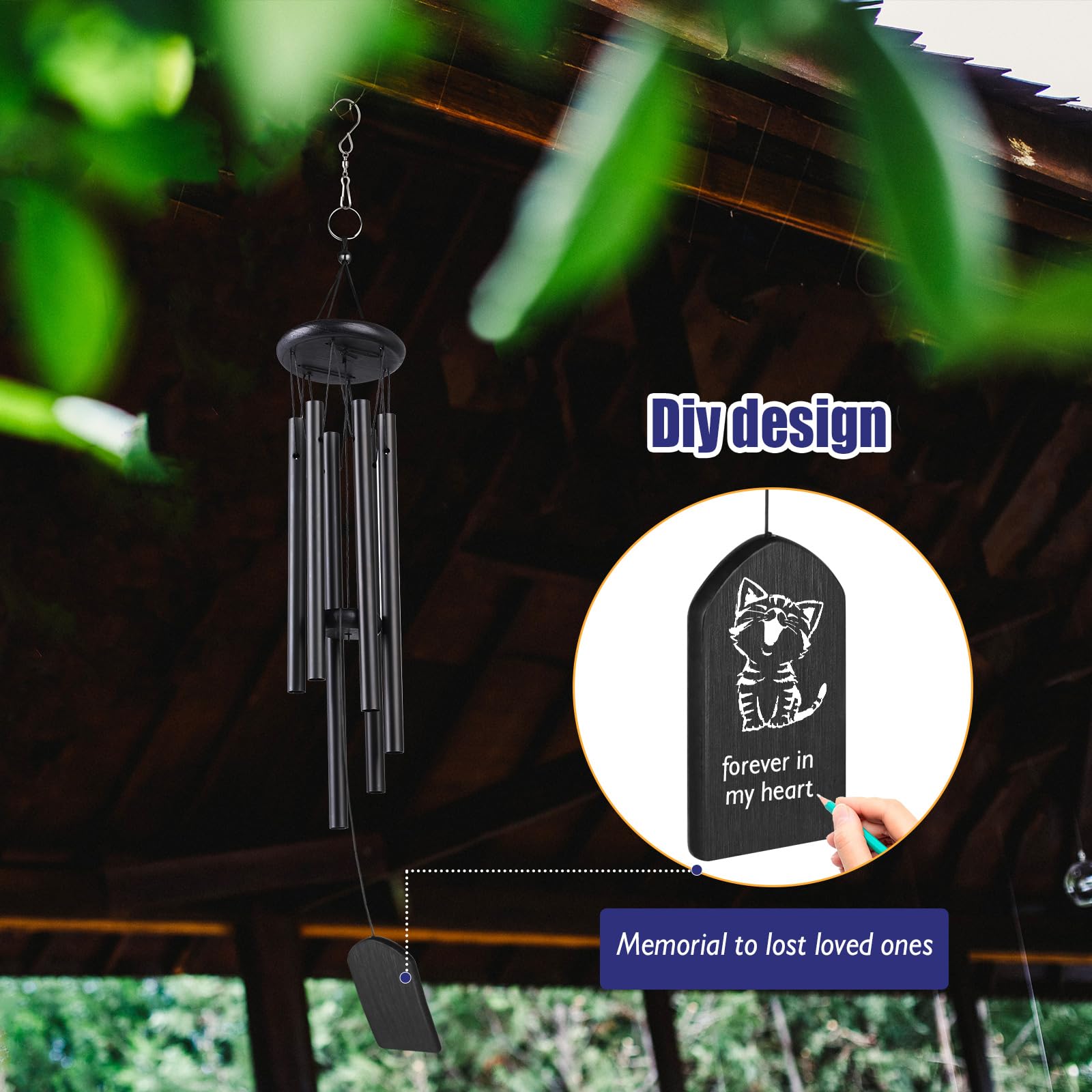 Windspiele für Draußen, 29 Inch 6 Aluminiumle Legierung Röhren Windspiele für Garten Heimdekoration Geschenke - Schwarz