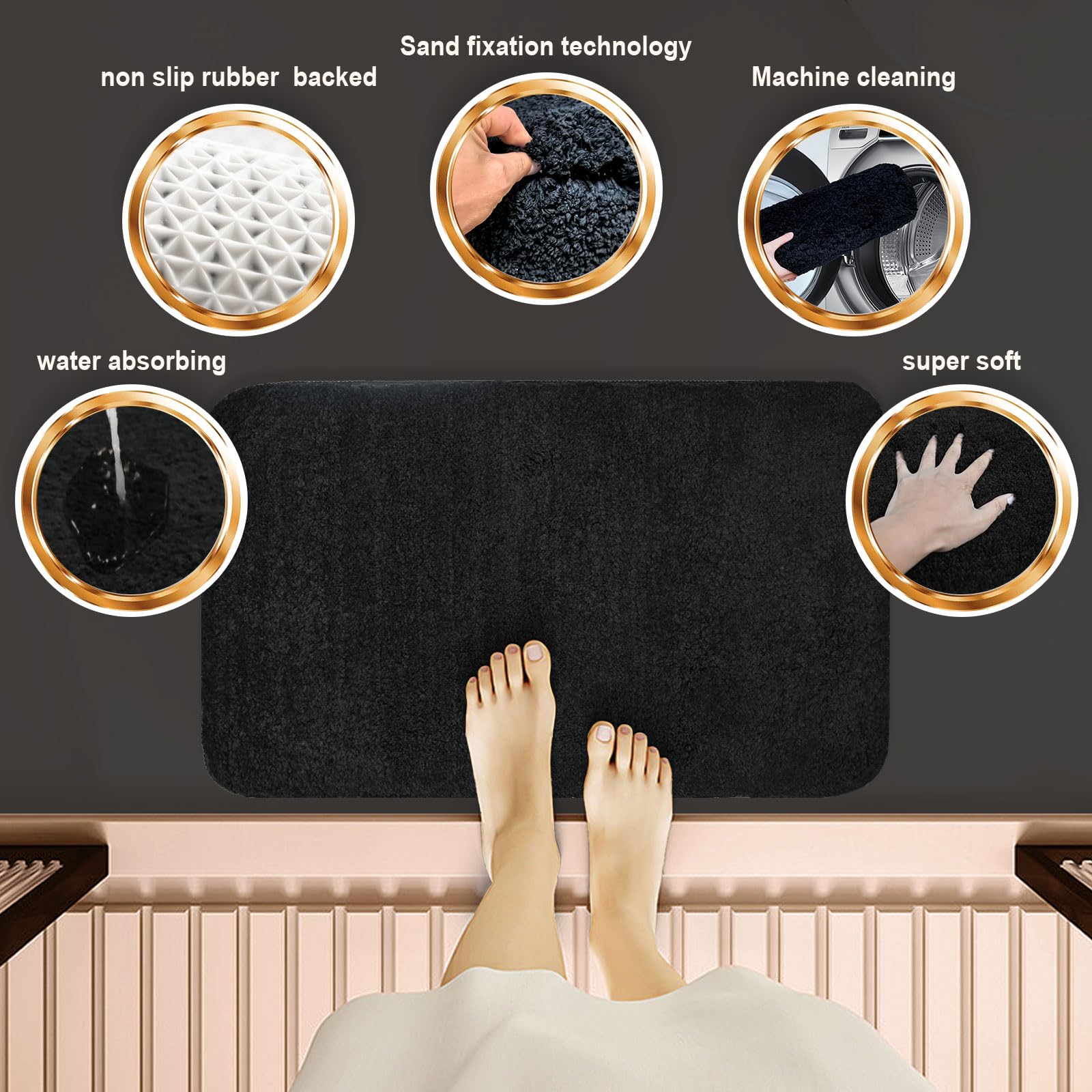Schwarzes Badezimmer-Set mit Duschvorhang und Teppichen und rutschfesten U-förmigen WC-Vorhängen Set 4-teilig für moderne Luxus-Badezimmer-Dekoration