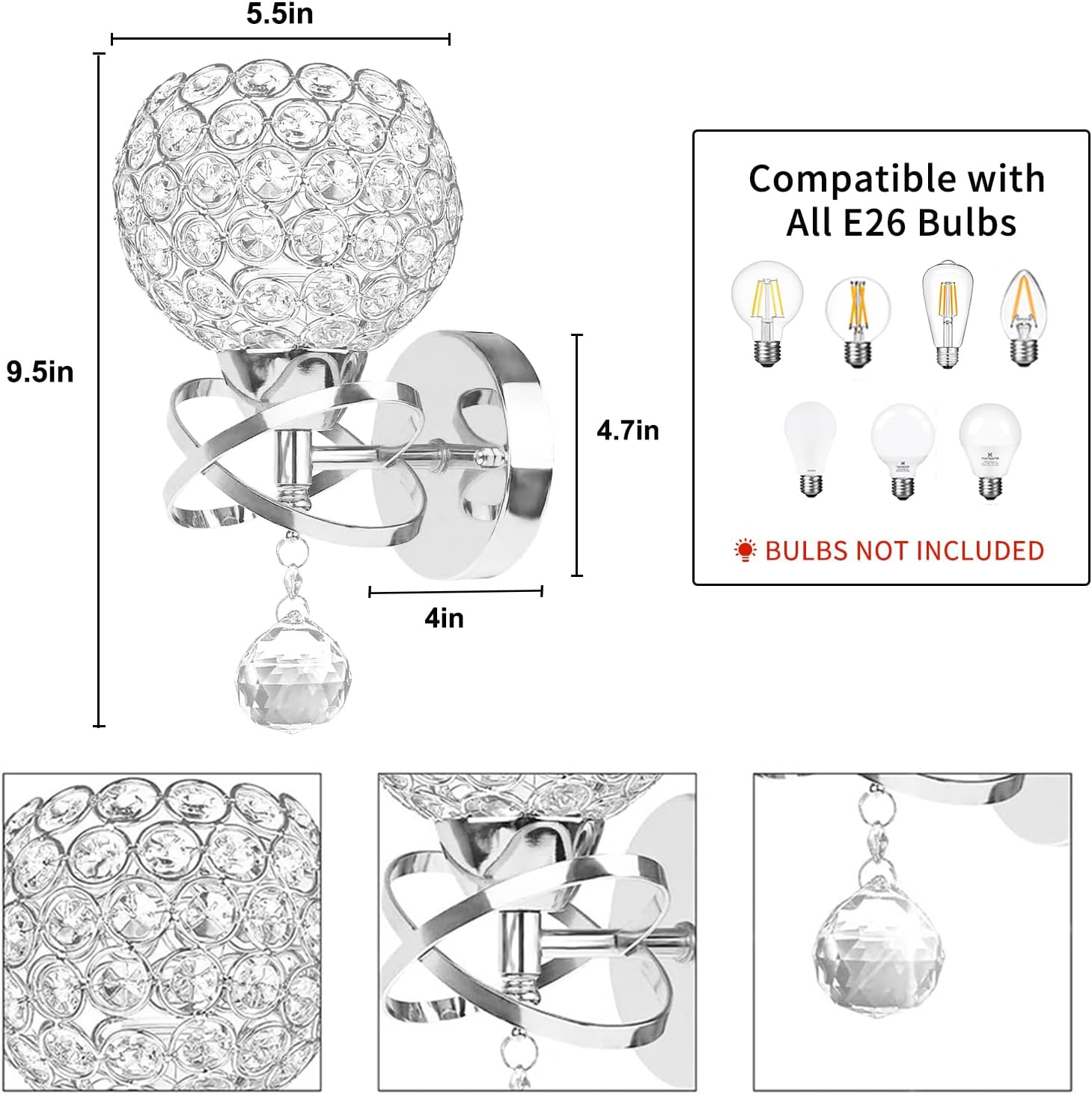 TISLYCO Silver Crystal Sconces - Modern Wall Lighting with Hanging Crystal Ball, Wall Mount Lamp for Bedroom, Living Room, Hallway