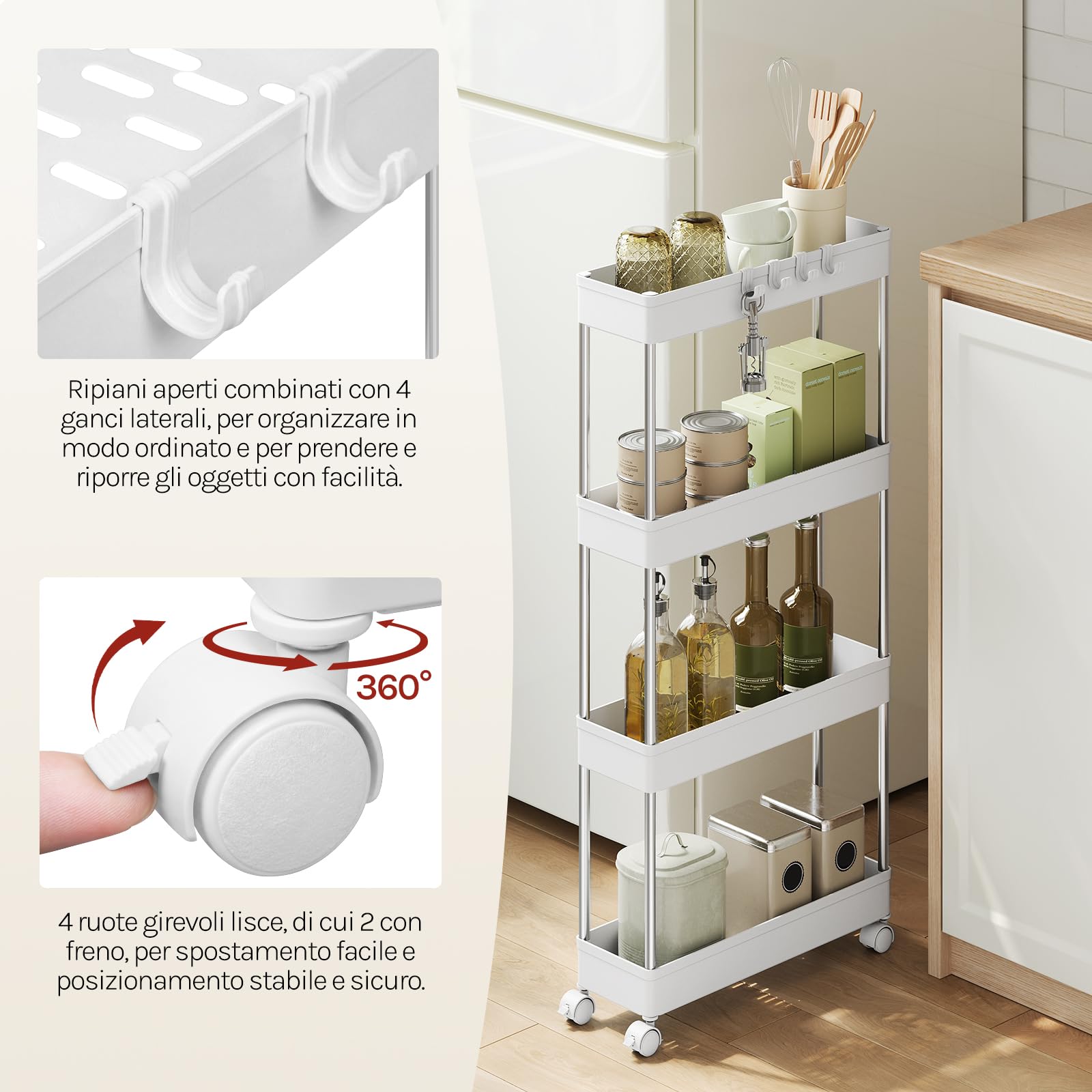 WOLTU Carrello da Cucina a 4 Ripiani, Carrello Portaoggetti con Ruote e 4 Ganci, Carrellino Salvaspazio per Cucina, Bagno e Lavanderia, in Plastica e Metallo, 41,5 x 86 x 13,5 cm, Bianco
