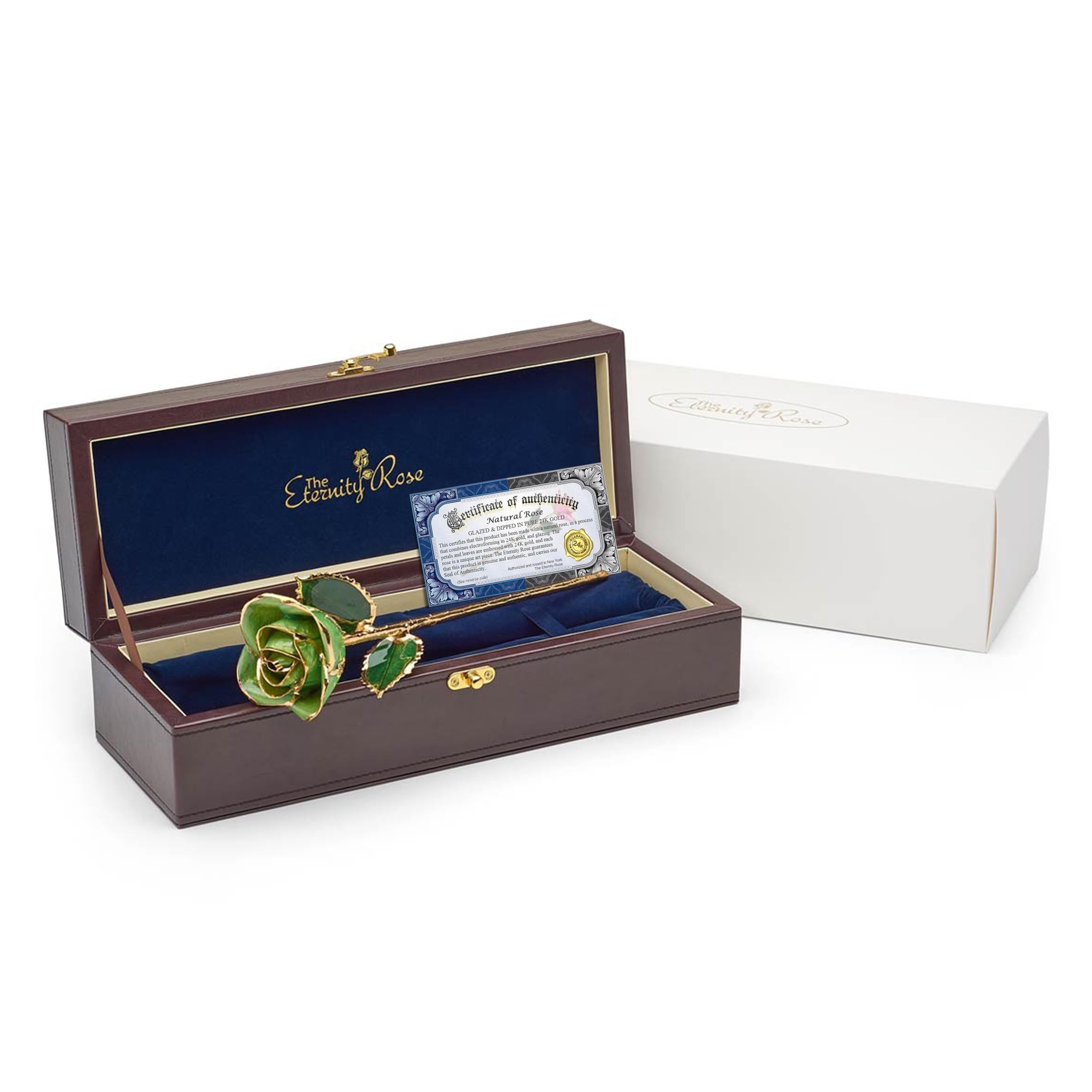 The Eternity Rose - Real 24K Gold Dipped Light Green Rose, Glazed and Gold - Trimmed, Perfect Romantic, 11.5-Inch Preserved Flowers with Leaves, Anniversary, Memorial Day, Valentine's Day Gift