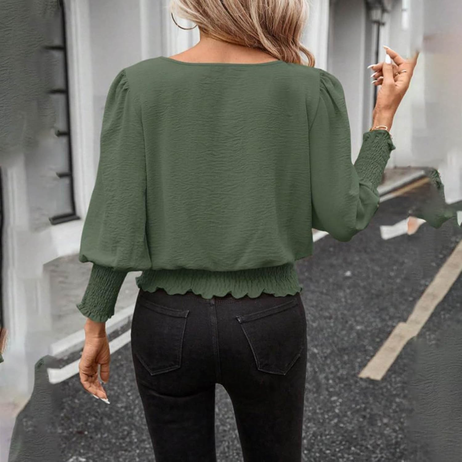 Banded Bottom Tops for Women Smocked Tops Elastic Cinched Waist Top Dressy Blouse Long Sleeve Casual Outfits Clothes - Image 7