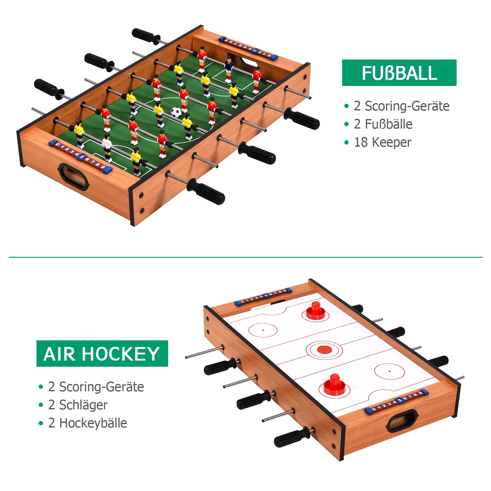 DREAMADE 2 in 1 Multi- Spieltisch, Mini Kickertisch Air Hockeytisch aus Holz & Eisenrohr, Fußballtisch Game Tisch mit Rutschfestem Griff, Tischkicker für die Ganze Familie, für Kinder & Erwachsene