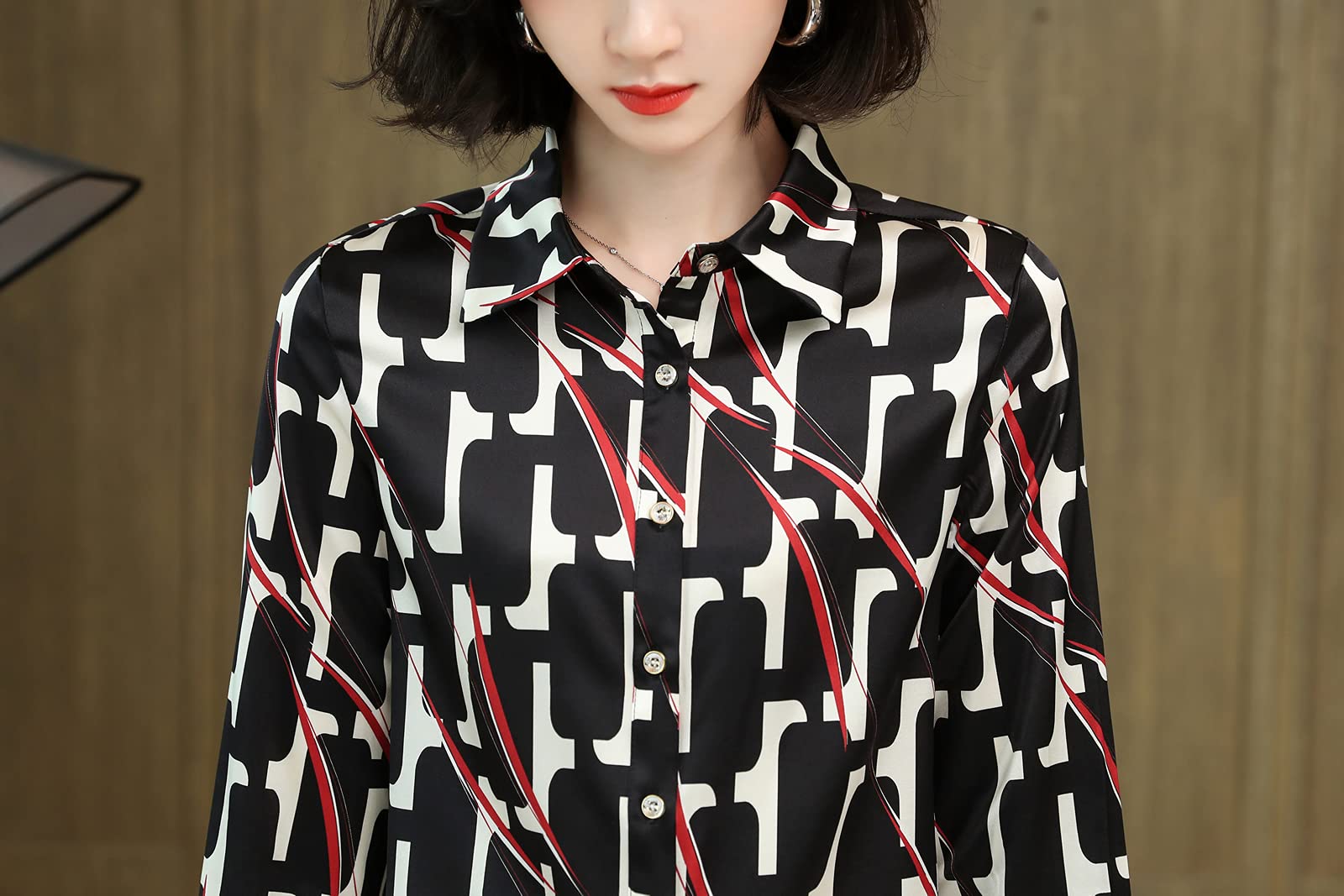 E-girl Blusa de seda para mujer, diseño de lunares, con botones, manga larga, solapa, S3510