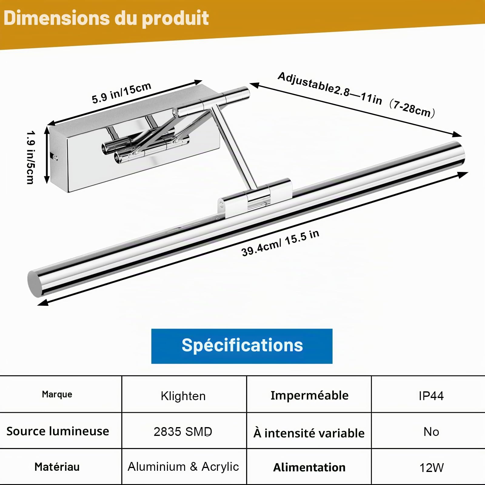 Klighten Led Miroir Lampe Salle de Bain 40cm,12W 970 LM Lampes de salle de bains,Rotating Lampe Miroir Salle de Bain Ip44, Aluminium Applique Murale, Miroir Salle de Bain Blanc naturel 4000K,chrome
