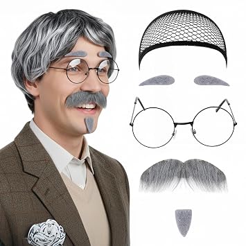 Old Man Costume Wig Set Grandpa Wig Cap Glasses Moustache and Eyebrows for 100th Accessories Kit (Grayish-white)