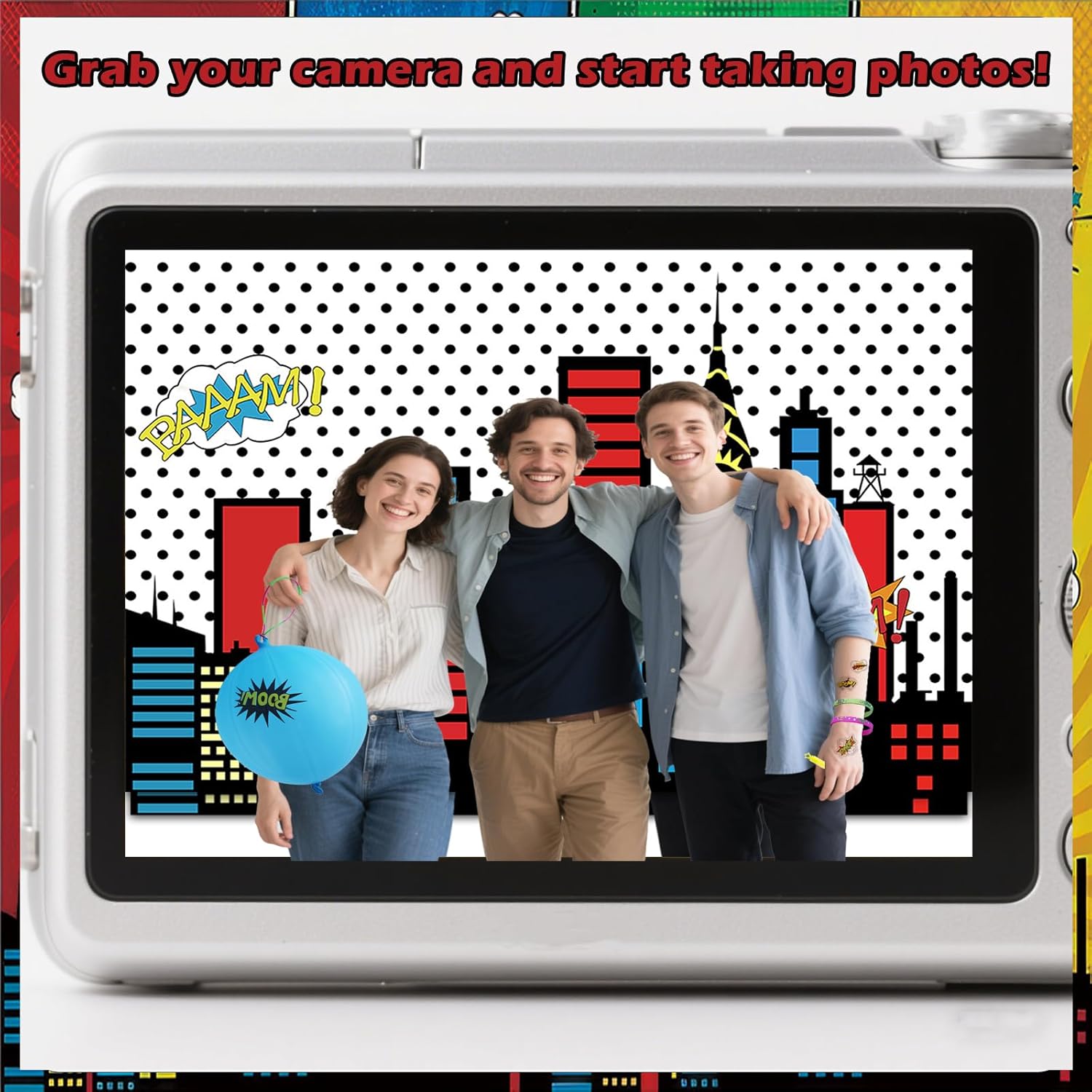 63 Pcs Hero Party Favors with City Hero Theme Backdrop (7x5FT), Masks, Punch Balloon, Bracelet, Tattoo Sticker, Bubble Wand for Birthday Supplies, Gift Bag Fillers, Carnival Prizes