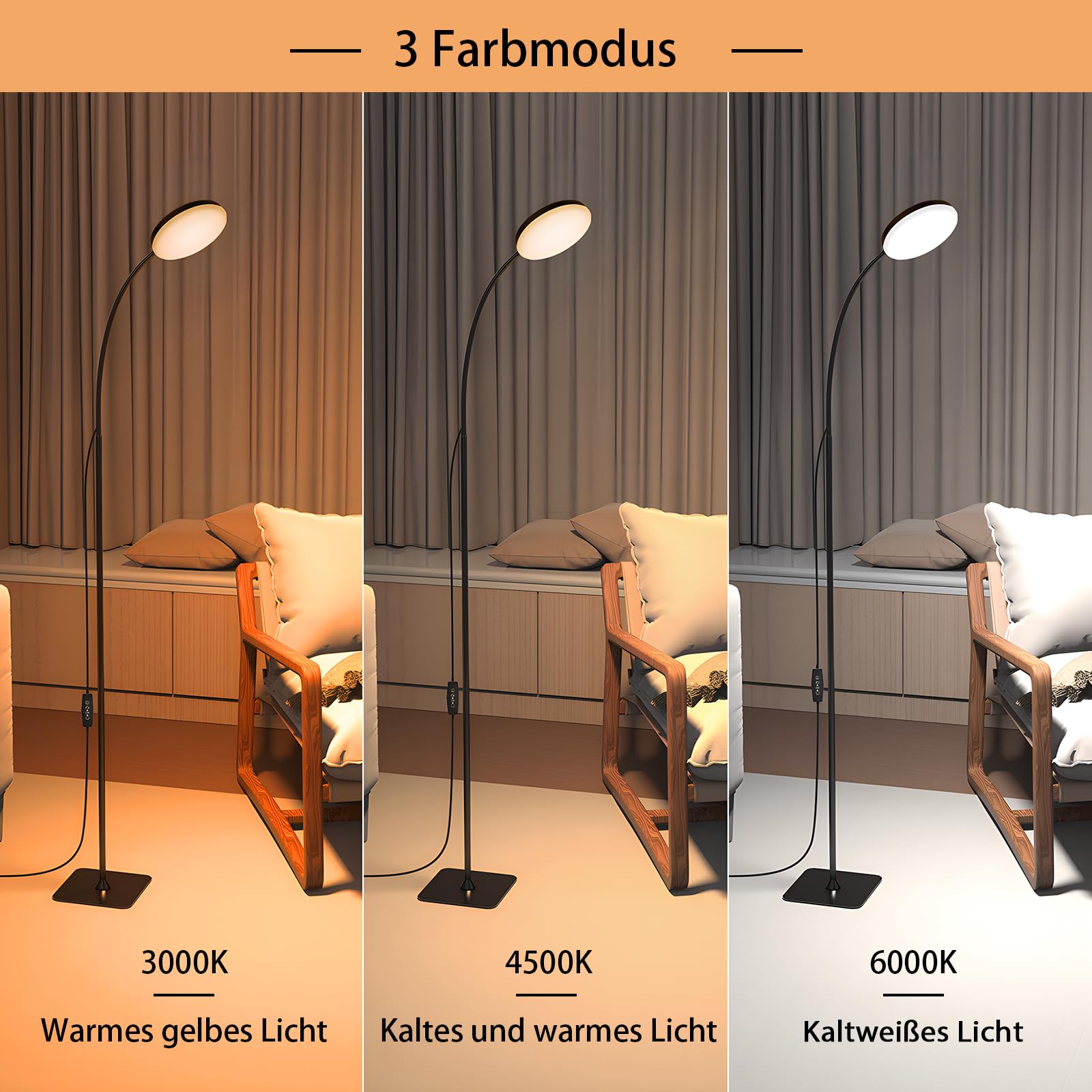 Mojimdo Stehlampe, [3 Farben & 10 Helligkeiten] Schlanke LED Leselampe Stehend, Dimmbar Einstellbare Flexible Stehleuchte für Kinderzimmer, Büro, Wohnzimmer, Ecke Nachttischlampe