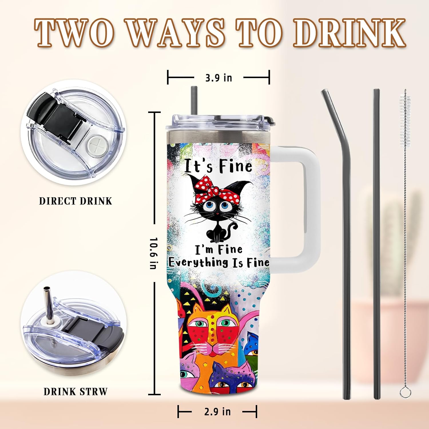 DUUV Cat Gifts for Women, Funny Black Cat Tumbler for Mom Girls Friends Sister, Cats Lover Gifts for Birthday Christmas Thanksgiving, Cats Theme 40 Oz Tumbler with Handle, 1PCS - Image 3