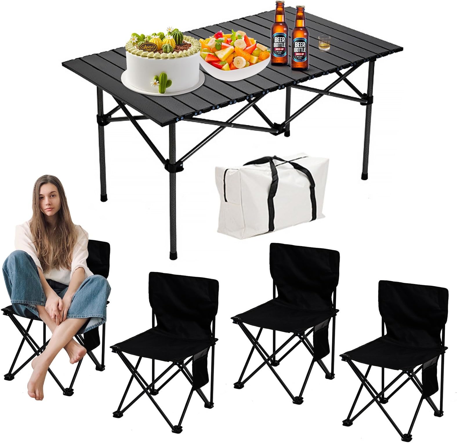 Camping Table with Chairs Set, Portable Folding Table and Seats for 4 People, Picnic Aluminum Family Table Chair Set for Outdoor Travel, Garden BBQ, Beach Party with Carrying Storage Bag