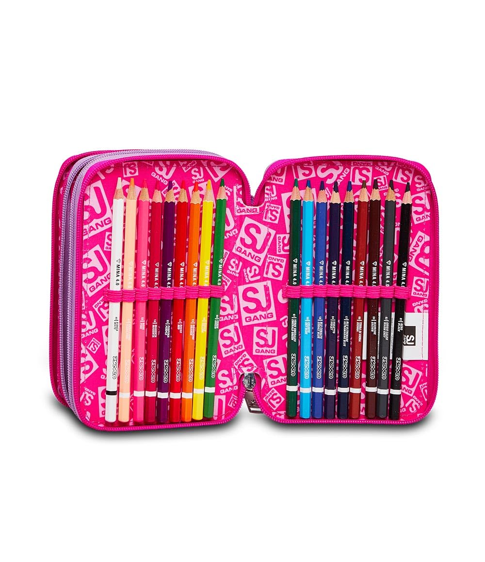 SJ GANG STYLE JAM GANG, Astuccio Scuola 3 Zip, HEART LOLLY, Rosa, Triplo scomparto, 45 pezzi, Attrezzato con Matite, Pennarelli e altro, Portapenne Scuola Bambina
