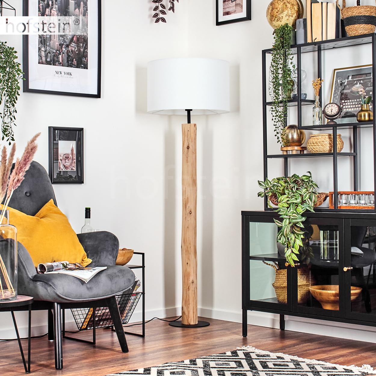 Lampada da terra Flemming, lampada da terra in legno/metallo/tessuto colori naturale/nero/bianco, design scandinavo con paralume rotondo (Ø 50 cm) e interruttore a pedale, E27, senza lampadina