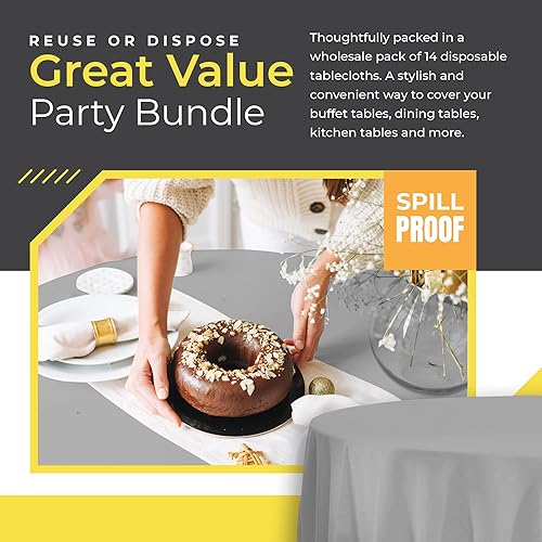 Miniatura 2 de Paquete de 14 manteles redondos de plástico plateado de alta calidad, 84 x 84 pulgadas, manteles redondos desechables de plástico - Mantel redondo