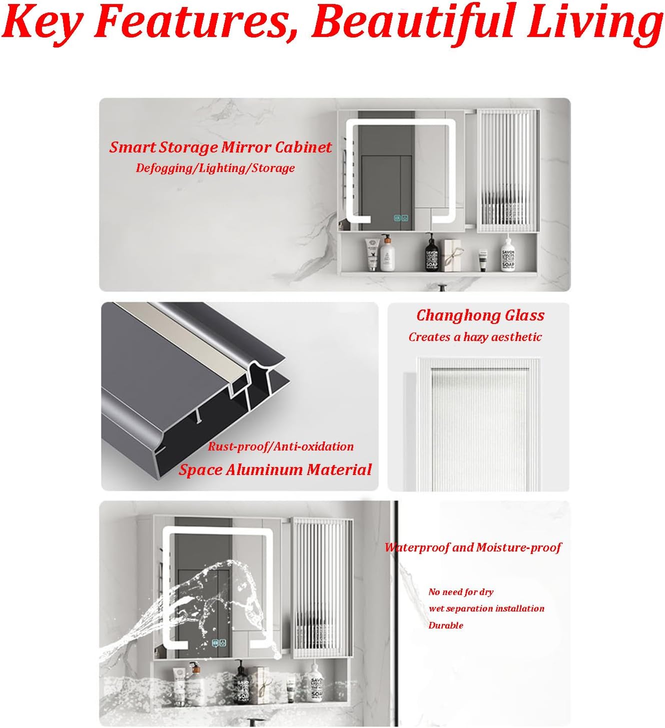 Led Bathroom Mirror Cabinet,Bathroom Cabinet with Hd Explosion Proof Anti-Fog,Button Touch,Makeup Mirror,Silent Opening and Closing Door,Bathroom Cabinet with 3 Tier Storage