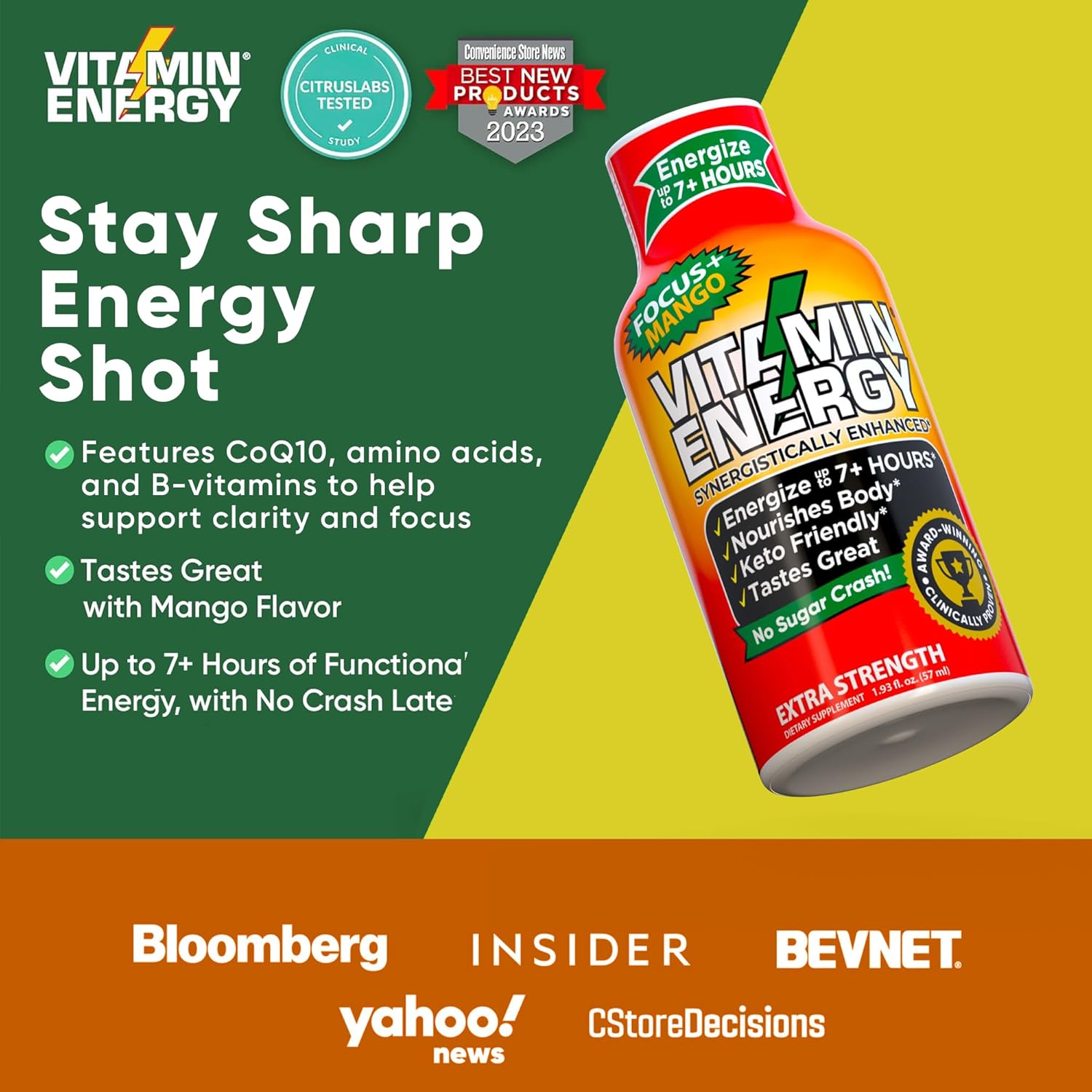 Vitamin Energy Focus+ Extra Strength Energy Shot Mango 12 Pack, 260mg Natural Caffeine, B-Vitamins, CoQ10, Amino Acids, Focus, Productivity & Clarity, Zero Sugar, Gluten-Free, 1.93 fl oz