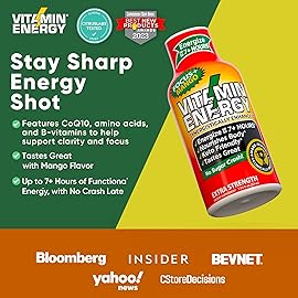 Vitamin Energy Focus+ Extra Strength Energy Shot Mango 48 Pack, 260mg Natural Caffeine, B-Vitamins, CoQ10, Amino Acids, Focus, Productivity & Clarity, Zero Sugar, Gluten-Free, 1.93 fl oz