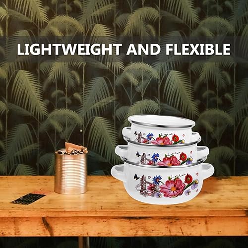 Miniatura 5 de Holibanna Olla de cocina esmaltada con tapa, 3 piezas retro de flores, olla de cocina vintage con asas, olla antiadherente para cocinar a fuego