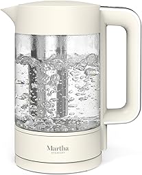 Martha Stewart  Electric Kettle with Removable Stainless Steel Tea Infuser, Glass Carafe 1.7L (7 Cups), Hot Water Boiler, 4 Presets, Keep Warm & Auto Shut-Off, Cordless 360° Swivel Base, Linen White