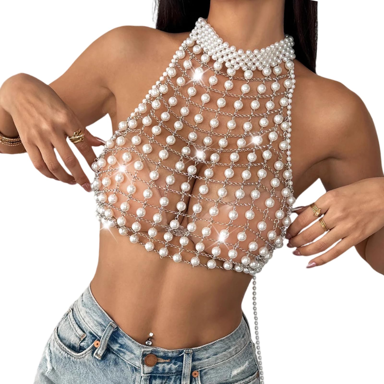 Collana a catena per il corpo di perle multistrato petto festival raves imbracatura accessori gioielli per le donne reggiseno di perle