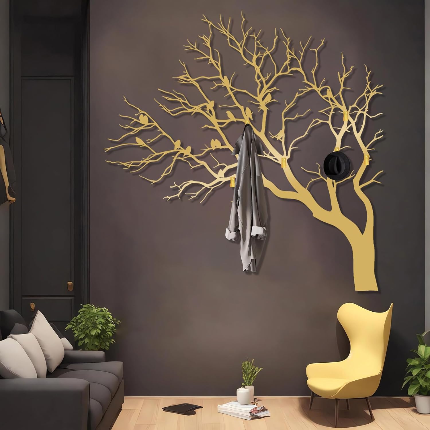 Coat Rack Tree Branch with Birds, Birds on Tree Branch Metal Wall Art, Coat Hooks Wall Mount, Key Holder Wall Mounted, Metal Coat Rack for Living Room, Bathroom (Black, 24"x24"|60x60cm)
