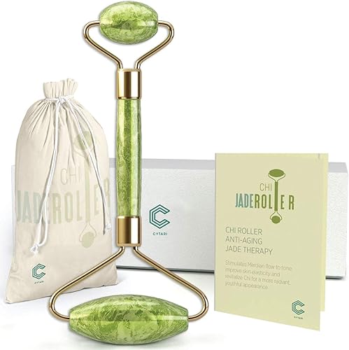 Cytari Chi Jade Rolling Kit 100% Natural Jade Roller | Masaje antienvejecimiento y herramienta de drenaje linfático para ojos, cuello, cuerpo,