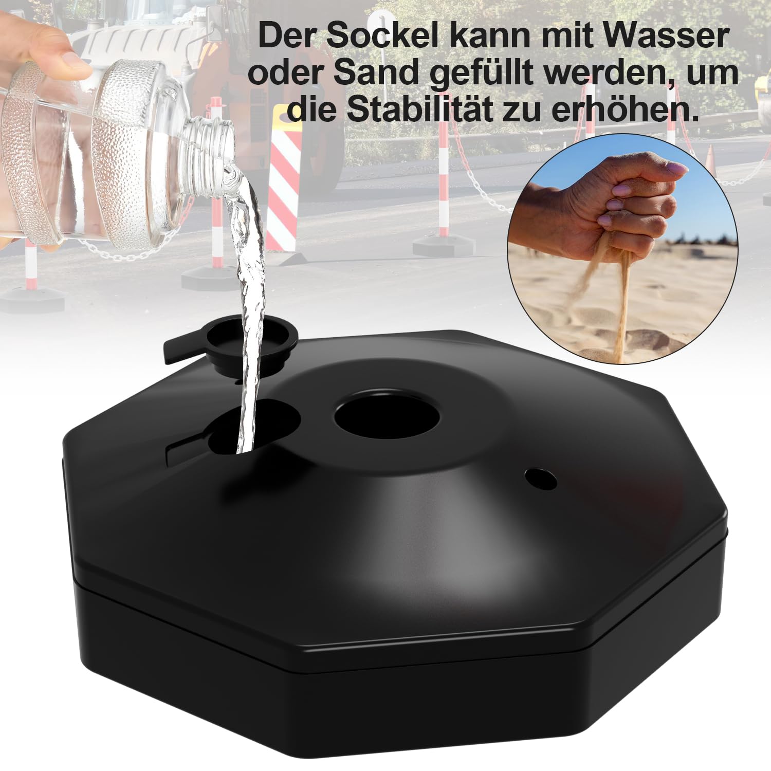 Ikodm 4X Absperrpfosten, Kettenpfosten von 1,4 m Kunststoff Absperrketten Rot und Weiß, Poller Standfuß fasst 3,5 kg Wasser und Sand, Sperrpfosten für Parkplatz, Garage, Auffahrt, dem Tor