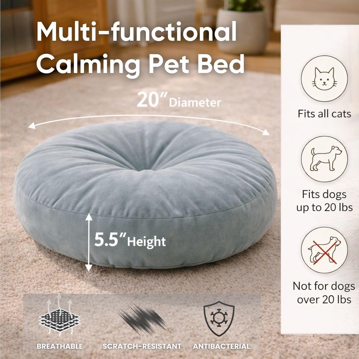 Cat Bed Pillow Cooling Soft Cushion, 20 Inches Small Round Cat Bed, Breathable Flat Pet Bed for Indoor Cats, Washable, Scratch Resistant, Comfortable Cat Bed for Senior Cats