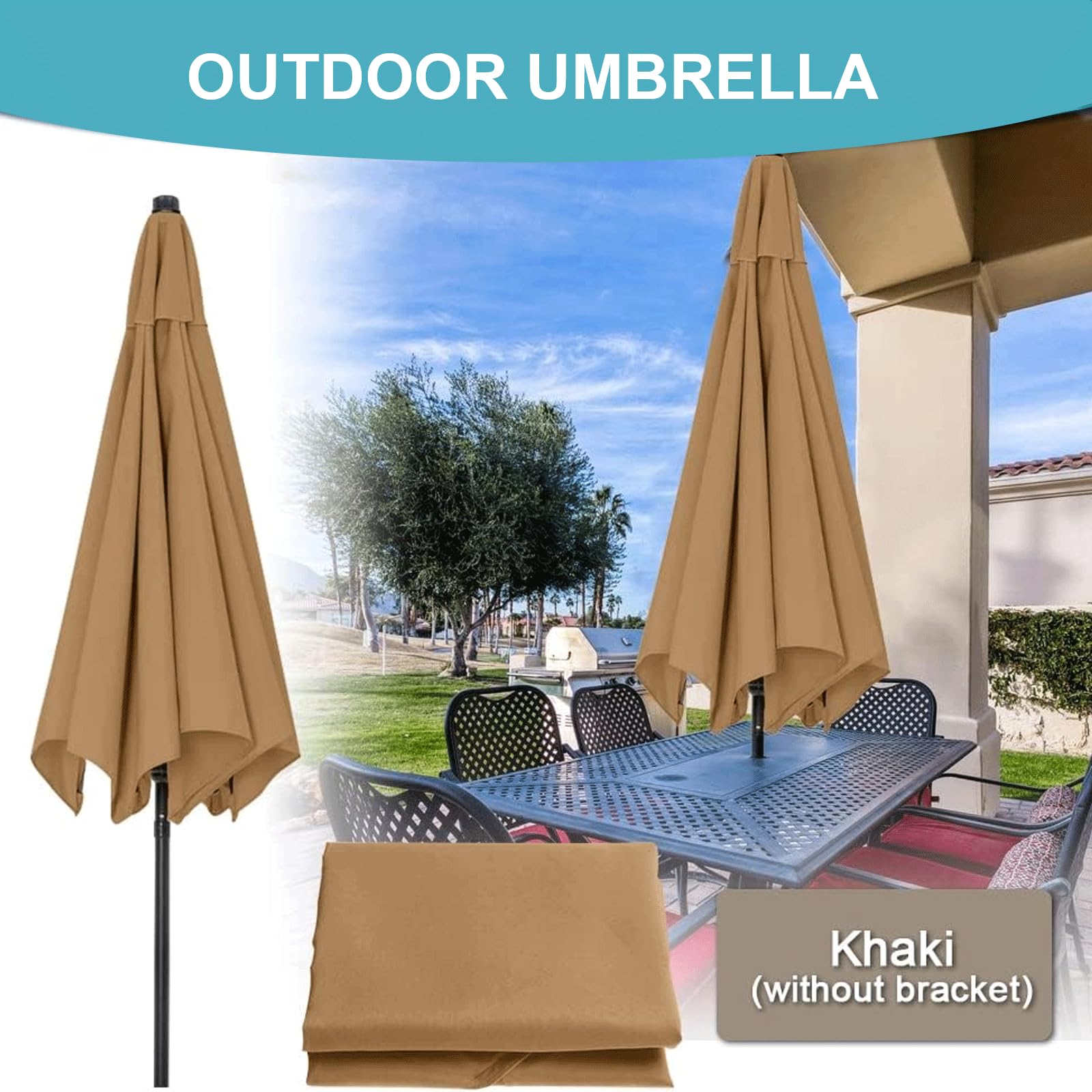 Copertura sostitutiva per parasole, tessuto di ricambio ombrellone, telo protettivo giardino, terrazzo, cortile, spiaggia, piscina, mercato & tavolo da giardino, 3m / 6 stecche, Cachi