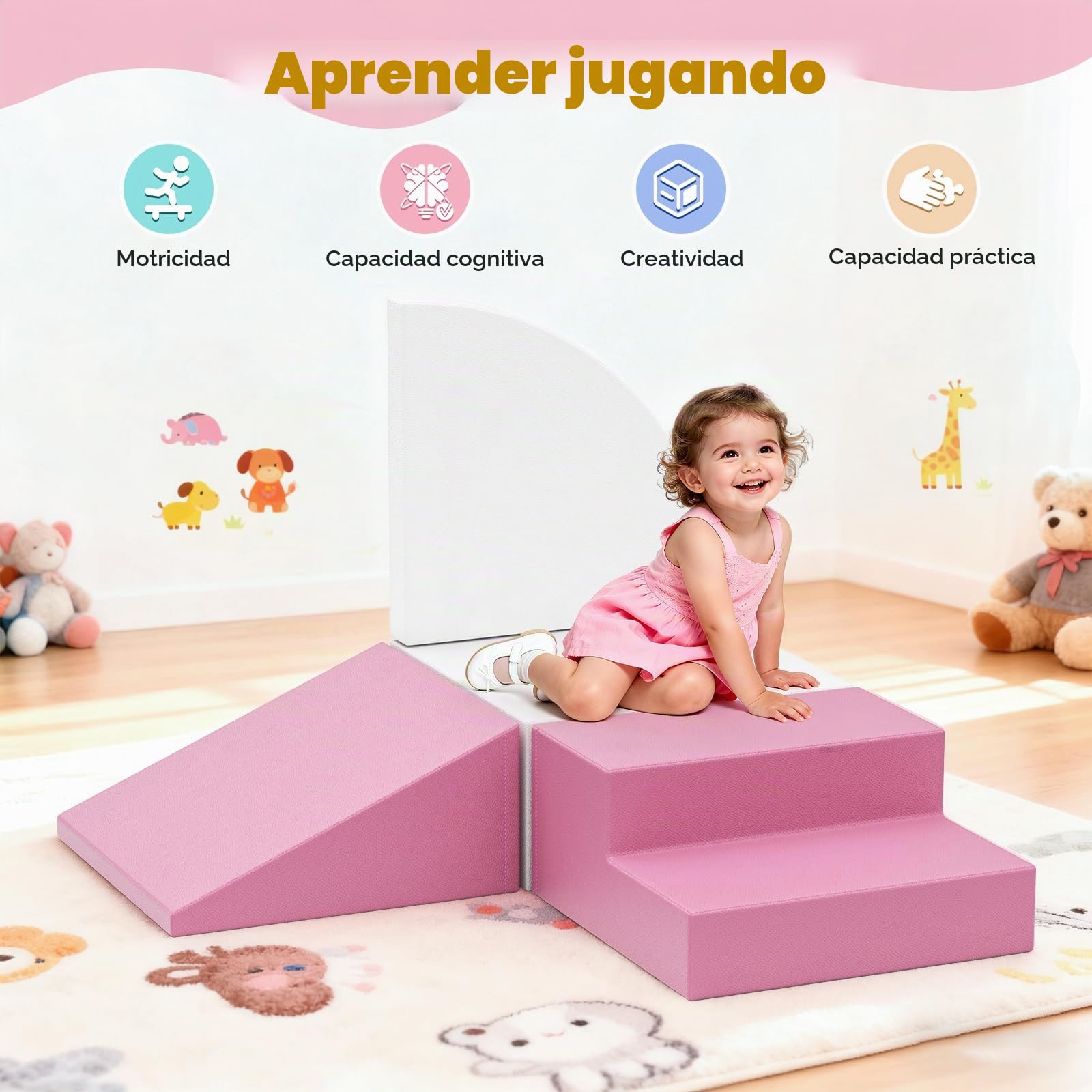 4 piezas de bloques blandos de espuma antideslizante, bloques de escalada combinables para niños, juego para interior, color rosa y blanco