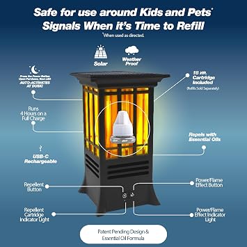 PIC Tabletop Solar Mosquito Repellent with Flame Effect, Essential Oil Formula, Auto-Activates at Dusk, 15-Foot Coverage, 18-Hour Refill Cartridge